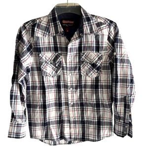 No Retreat SUBURBIALS Boys Youth M White/Blue Plaid Pearl Snap Western Shirt #F